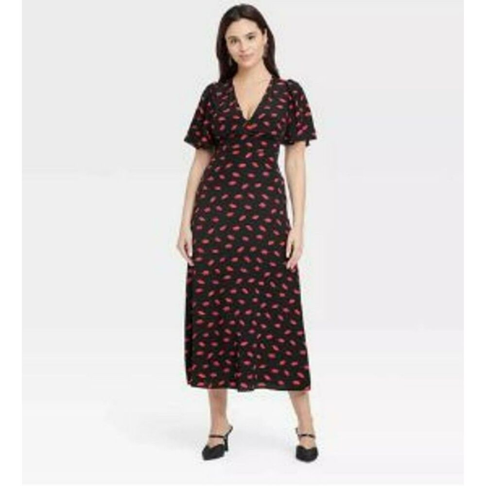 Women's Short Sleeve Maxi Sundress - a New Day Black/Red 14 NWT V-Neck